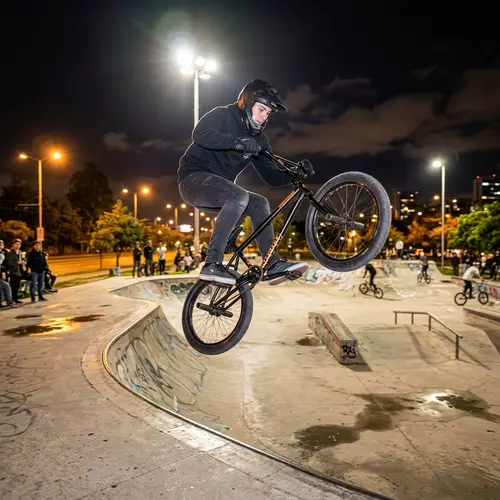 BMX Bike Tricks at Skate Park - Nighttime Street Lamps