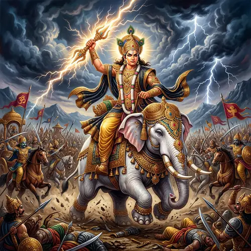 Indian Deity Indra in Mythological War Scene