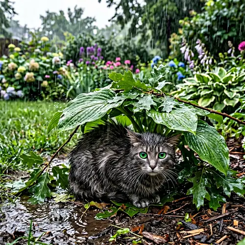 Domestic Cat Seeking Shelter Under MakeShift Canopy in Rain