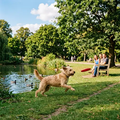 Playful Medium-Sized Dog Chasing Red Frisbee in Sunny Park
