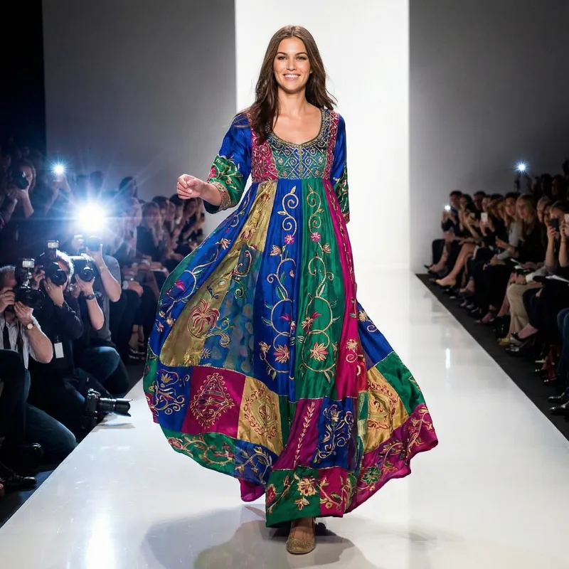 High Fashion Model on Runway: Vibrant Dress Showcase