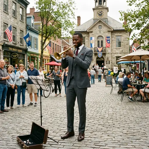 Talented Black Man Trumpet Player in Town Square