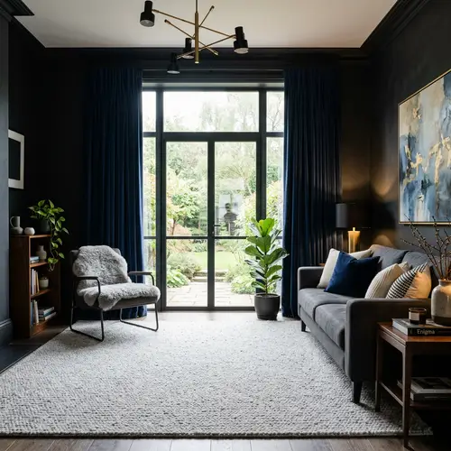Enigmatic Black Room with Navy Blue Curtains