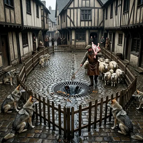 Cobbled Town Square with Sheep and Wolves