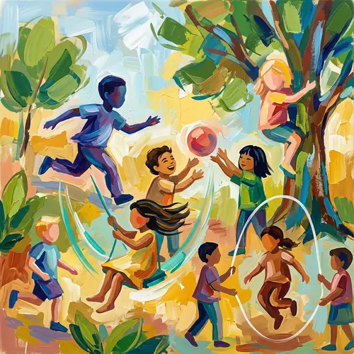 Abstract Artwork of Diverse Children Playing in Park