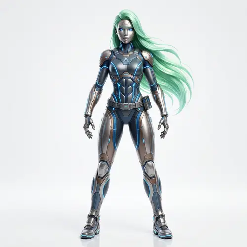 Futuristic Humanoid Character Model with Metallic Skin and Green Hair