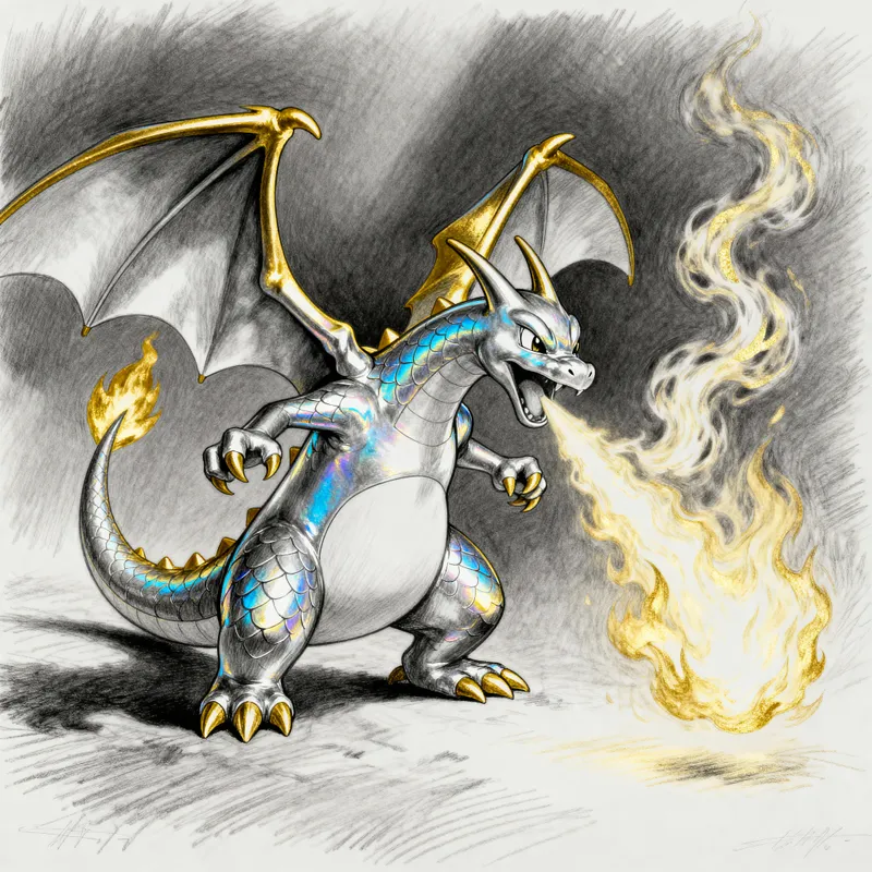 Shiny Charizard Pencil Drawing with Gold Fire