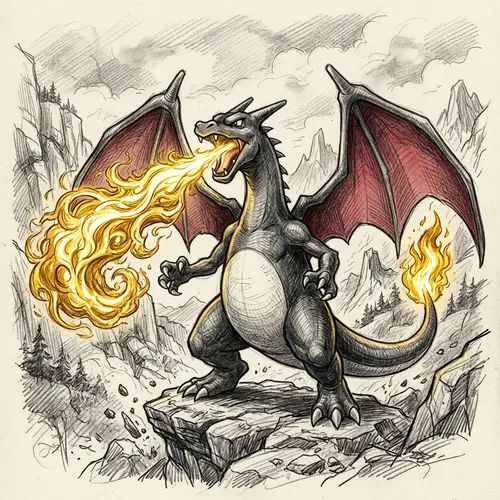 Shiny Charizard Pencil Drawing with Gold Fire