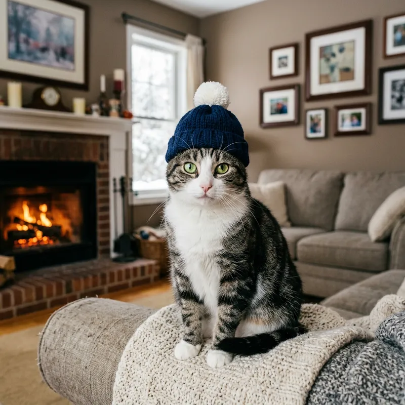Curious Cat with Cap in Fireplace Setting