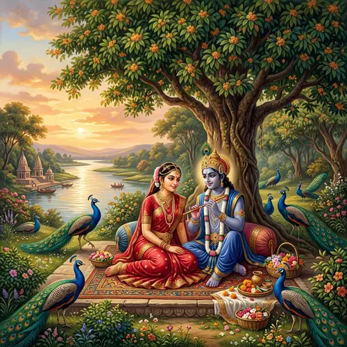 Sri Krishna and Radha: Divine Love Under Kadamba Tree