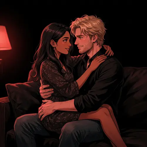 Moody Japanese-Style Animated Art: Intimate South Asian-Caucasian Couple