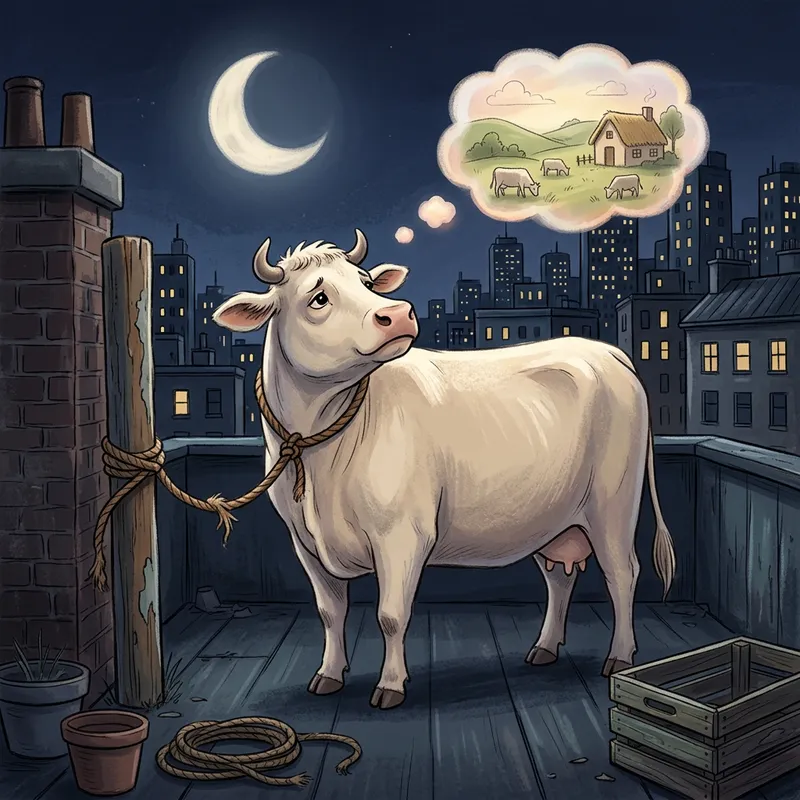 Sad White Cow in Urban Setting – Storybook Art Sad White Cow in Urban Setting – Storybook Art