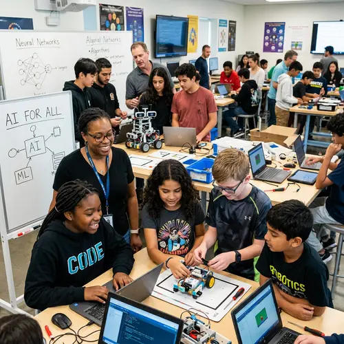 Diverse Kids Learning AI, Robotics & Coding | Engaging Educational Scene
