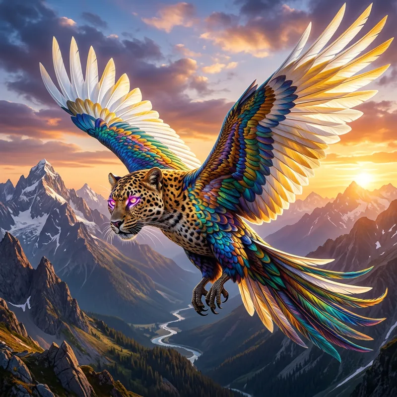 Mythical Leopard-Falcon Beast with Vibrant, Shimmering Wings Mythical Leopard-Falcon Beast with Vibrant, Shimmering Wings