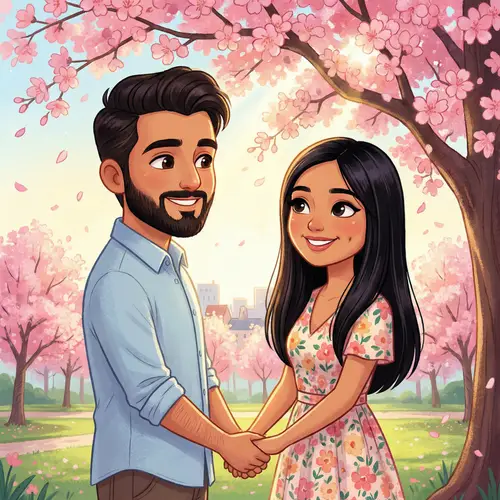 Charming Diverse Couple Drawing under Cherry Blossom Tree