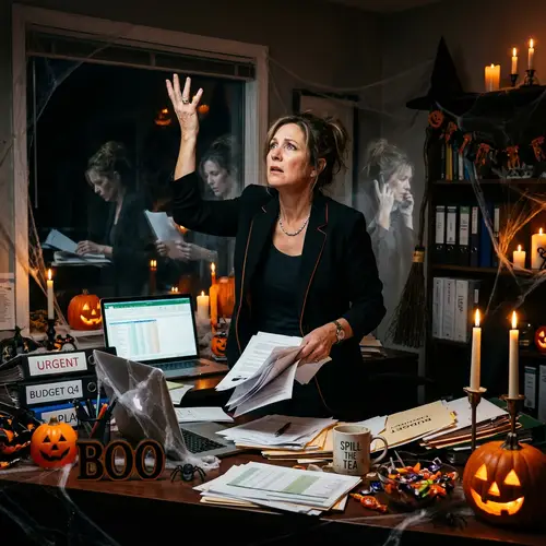 Frustrated Business Owner in Halloween Office Scene