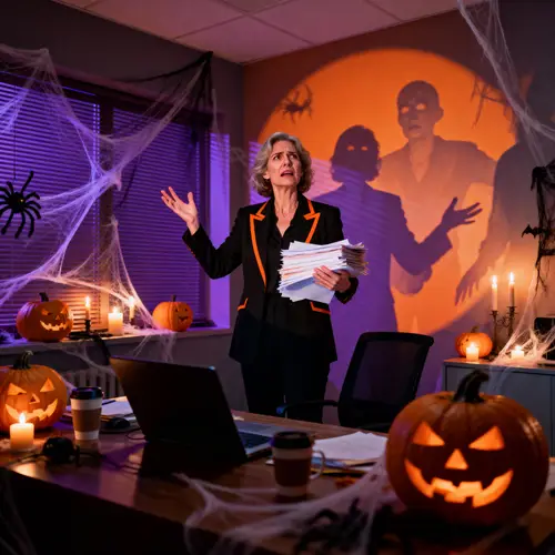 Frustrated Business Owner in Halloween Office Scene