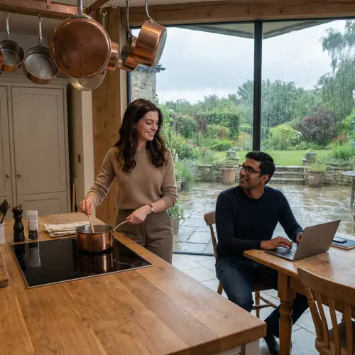 Charming Young Woman Cooking in Grand Countryside Estate Kitchen