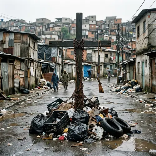 Wooden Cross on Rubbish Heap with Shotgun in Slum