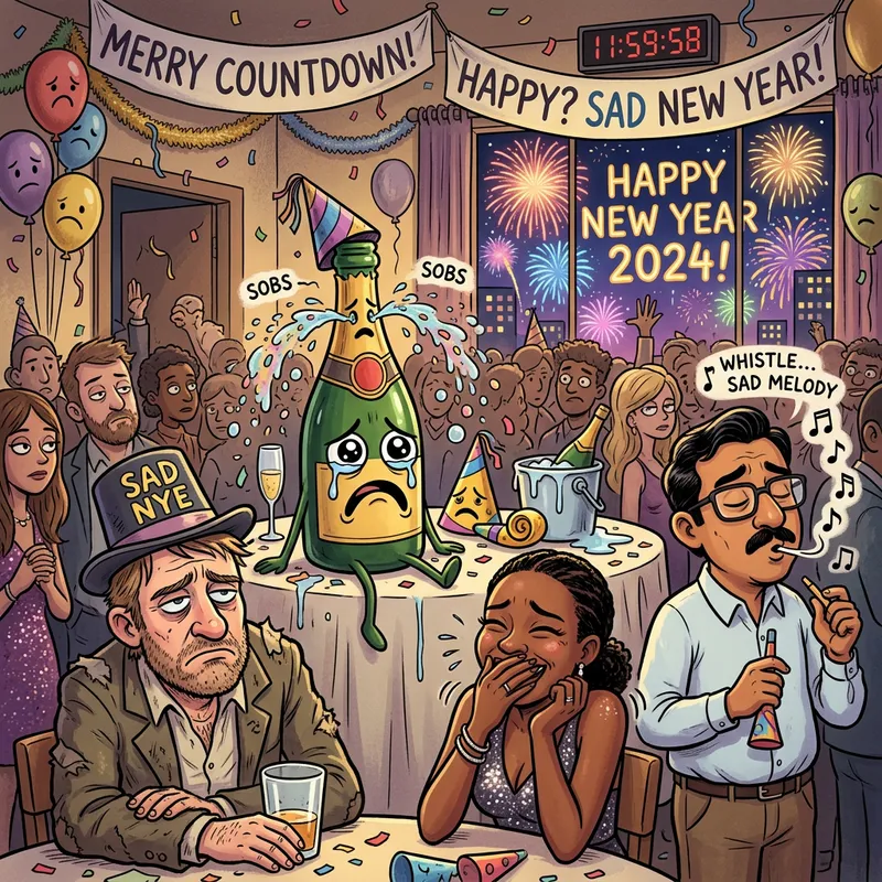 Sad New Year Art: Humor & Funny Scene with Anthropomorphic Characters