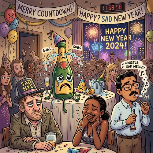 Sad New Year Art: Humorous Scene with Anthropomorphic Characters
