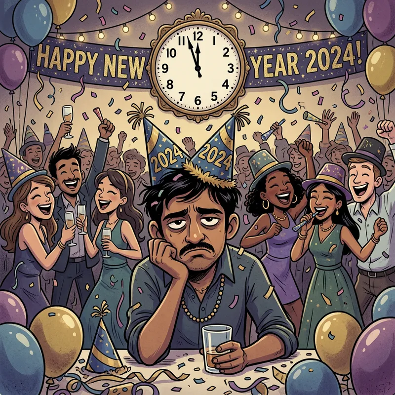 Sad New Year Art - Humor and Celebration with Deflated South Asian Character