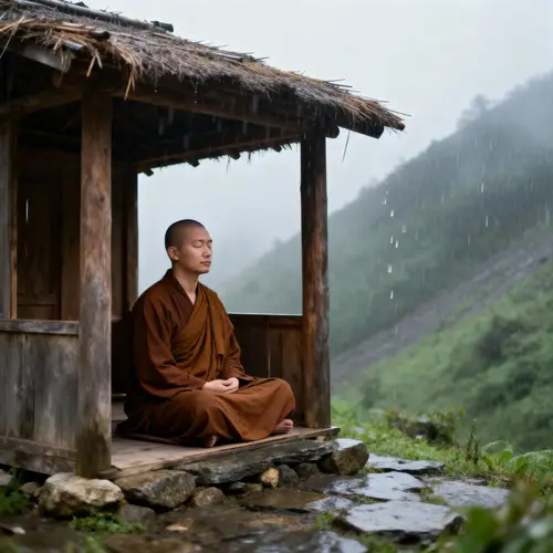 Meditating Monk in Mountain Hut: A Tranquil Scene