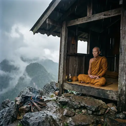 Meditating Monk in Mountain Hut: A Tranquil Scene