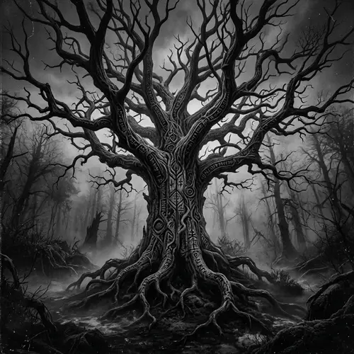 Eldritch Binary Tree: Hauntingly Detailed Black and White Photograph