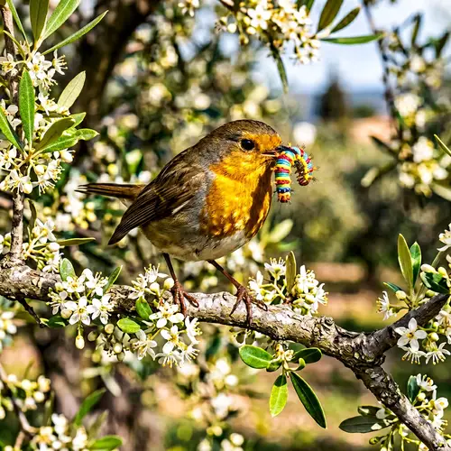 Realistic Gold-Breasted Robin with Rainbow-Colored Moth Caterpillar