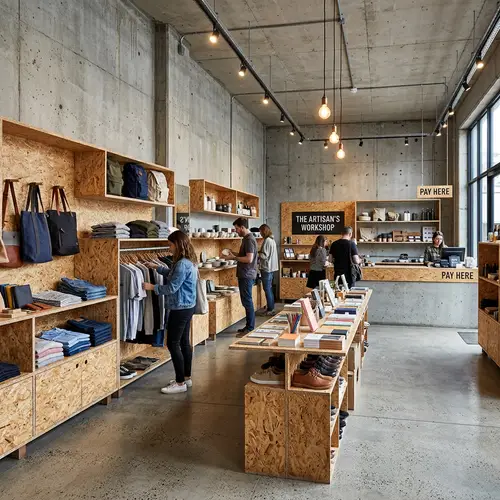 Unique Retail Store with Concrete Walls and Particleboard Displays