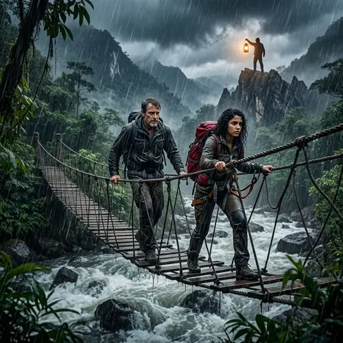 Courageous Hikers Crossing Rope Bridge in Jungle Storm