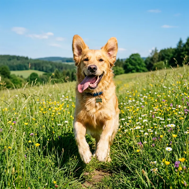 Playful Dog Enjoying Sunny Day in Lush Field