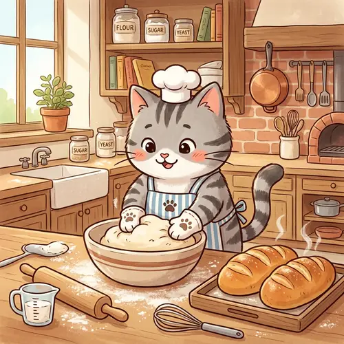 Cute Cartoon Tabby Grey Cat Baking Bread