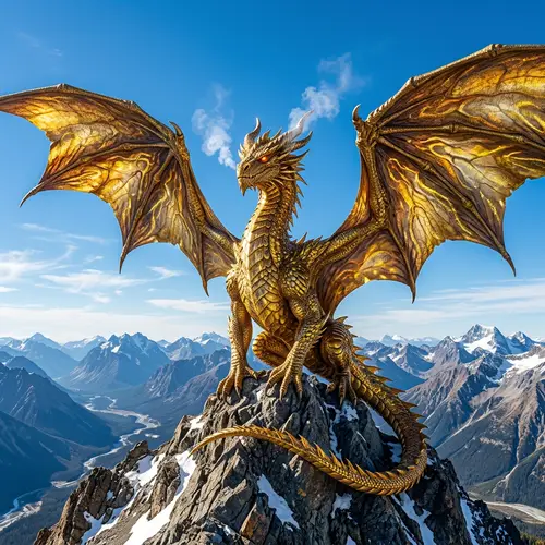 Majestic Golden Dragon - Mythical Creature atop Craggy Mountain