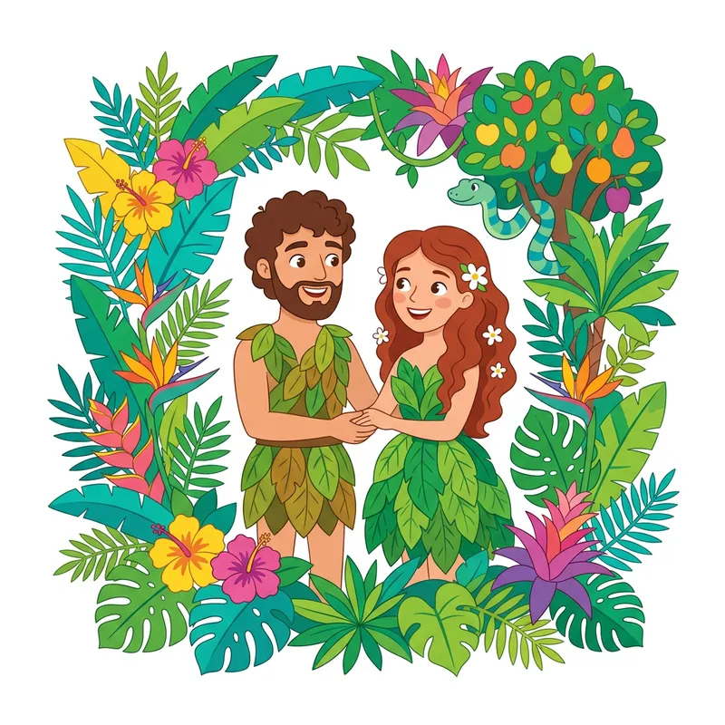 Adam and Eve in the Garden of Eden - Cartoon Art Adam and Eve in the Garden of Eden - Cartoon Art