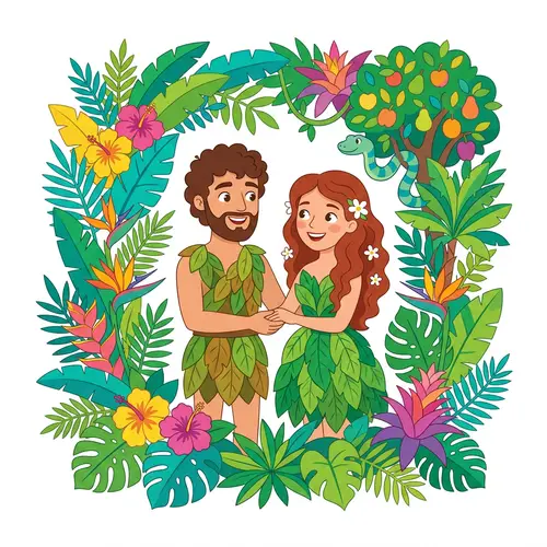 Adam and Eve in the Garden of Eden - Cartoon Art