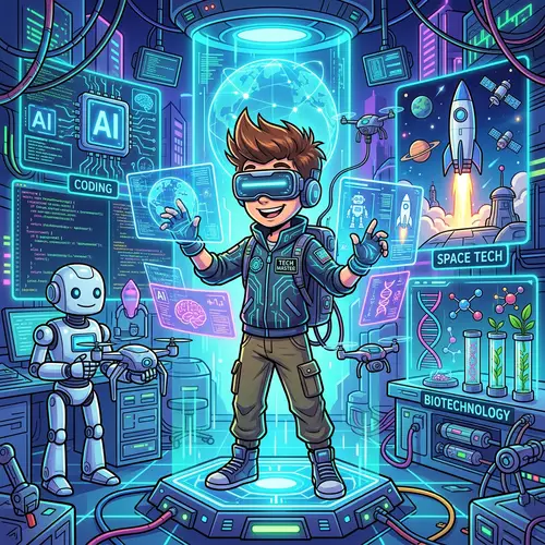 Master of Technology: Cartoonish Boy in VR Gear Surrounded by Technologies
