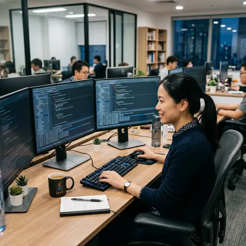 Professional Asian Woman Java Programmer in Concentrated Workspace