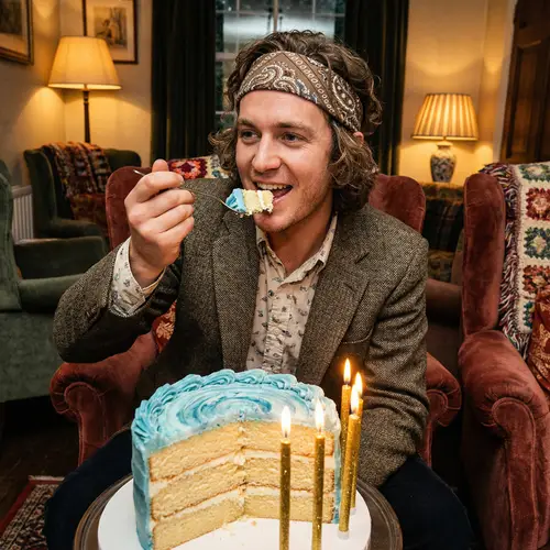 Dapper Man Enjoying Three-Layered Vanilla Cake with Blue Frosting