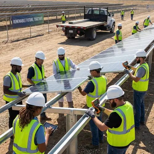 Diverse Workers in Action at Solar Farm | Energy Panel Installation
