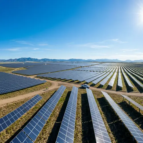 Vast Field of Gleaming Solar Panels under Clear Blue Sky