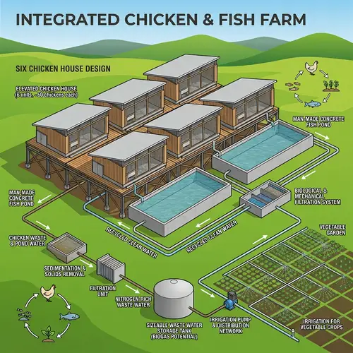 Sustainable Farm Design with Chicken Houses & Fish Pond
