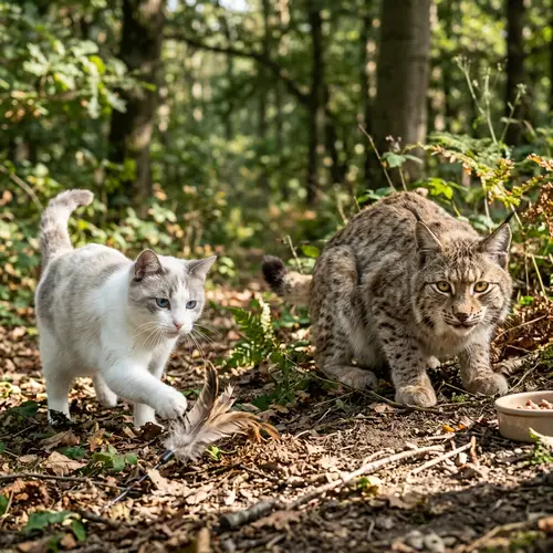 Playful White Cat Pichi and Lynx-Like Cat with Sunlit Golden Eyes