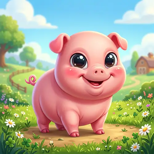 Friendly Bald Pink Cartoon Pig Character with Soft Alien Face