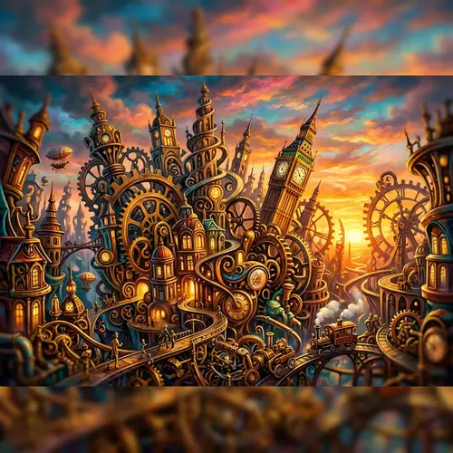 Surreal Clockwork City at Sunset | Steampunk Surrealism