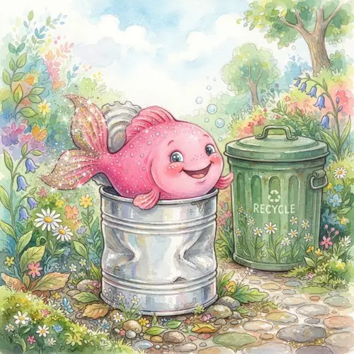 Whimsical Pink Fish in a Tin Can Illustration