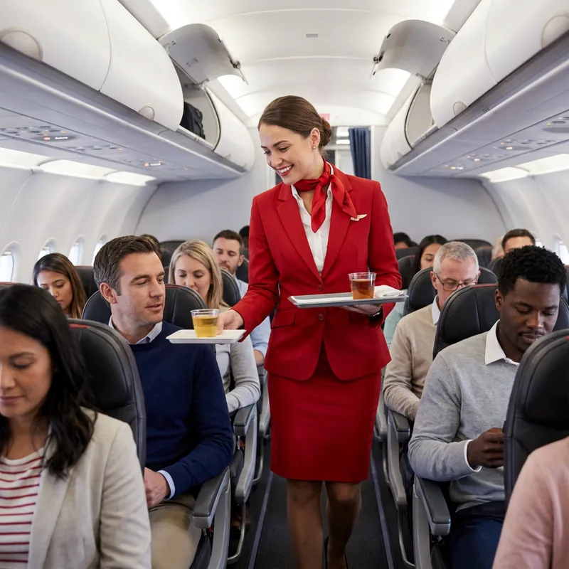 Flight Attendant with Red Uniform Serving Customers