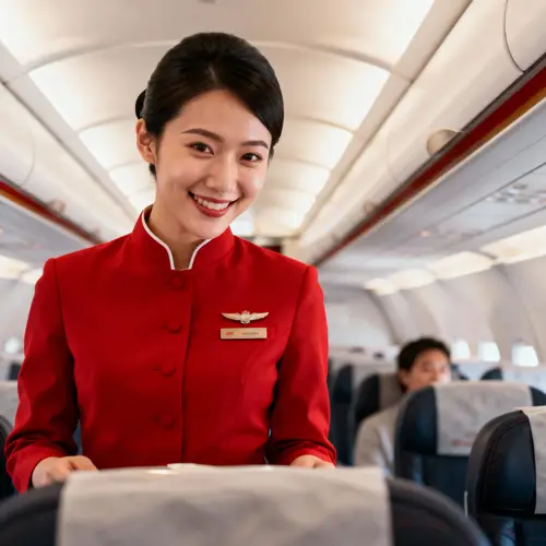 Flight Attendant with Red Uniform Serving Customers