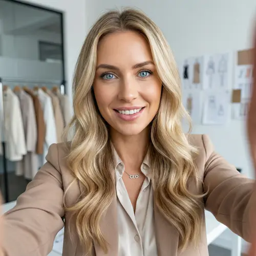 Blonde Fashion CEO with Wavy Hair and Blue Eyes